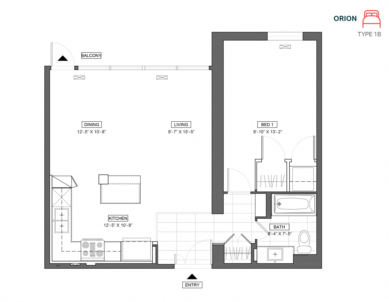 Floor plan for 1 bed, 1 bath, 646 sqft